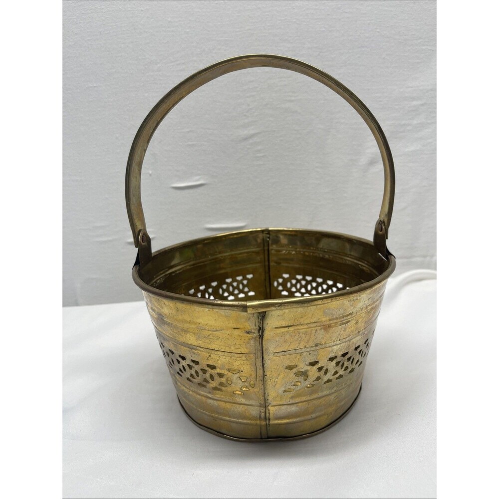 Vintage Solid Brass Pierced Basket Handle Decorative Ornate Planter Round India